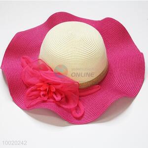 Rose Red Big Wave Brim Hat For Beach/Summer with Flower