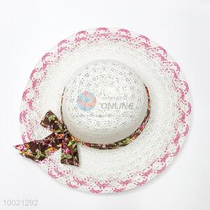 Pink Border White Summer Hat for Beach/Vacation