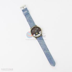 Denim Blue PU Colorized Wrist Watch with Telephone Pattern and Stainless Steel Back