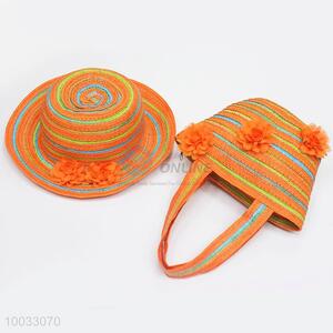 Striped Woven Crossbody Bag and Round Hat Set For Children