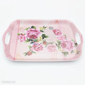 Pink rectangular melamine serving tray with handle