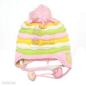Girls winter knitted hats with ball on top with ear flap