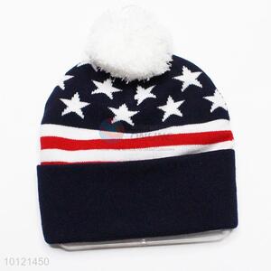 White Star Pattern Knitted Hats with Ball Top Winter Hats
