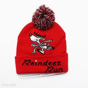 Red Cartoon Reindeer Pattern Knitted Hats with Ball Top