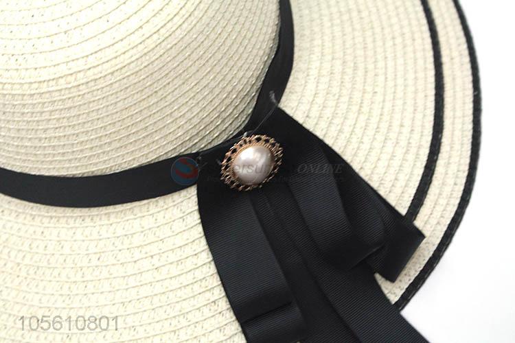 Best selling lady sun caps women straw beach hat with ribbon