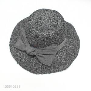 Gray women summer beach straw hat wide brim cap with bowknot
