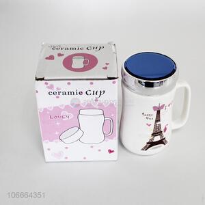 Wholesale fashion Eiffel Tower printed ceramic cup with lid