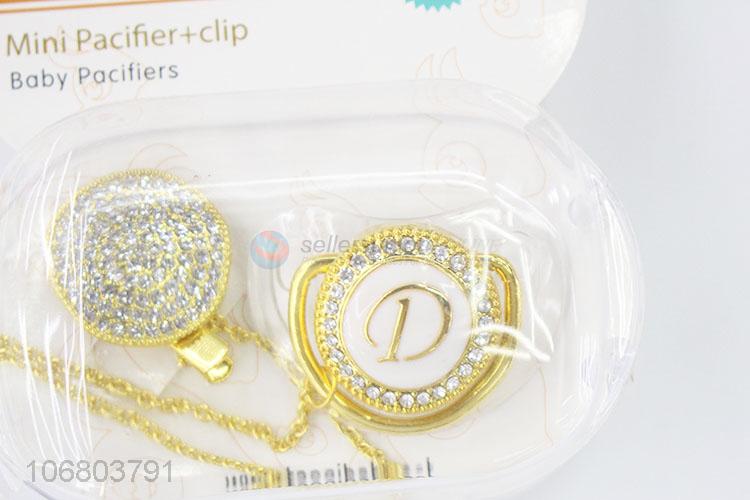 Newly designed rhinestone alloy baby nipples pacifier with clip