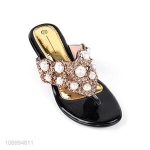 Unique design shiny pearls women low-heeled thong slippers