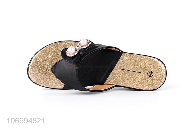 Promotional fashion pearls women platform slippers thong slippers