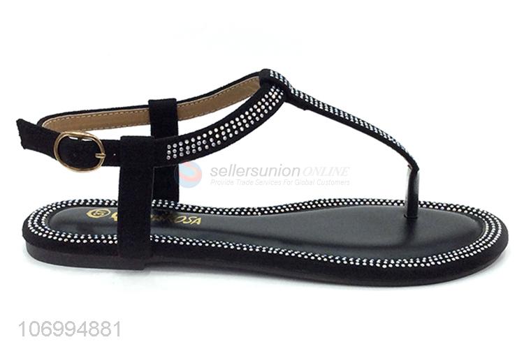 Hot sale clear rhinestones black pu lather thong sandal for women