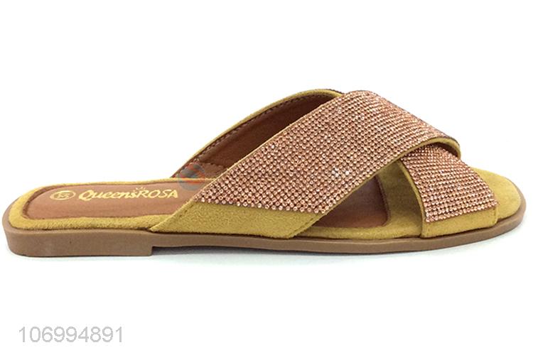 Wholesale price trendy colored rhinestones ladies outdoor slippers