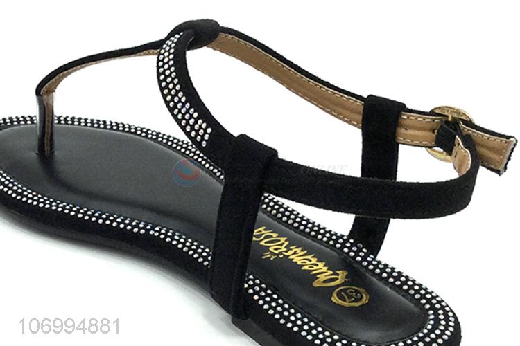 Hot sale clear rhinestones black pu lather thong sandal for women