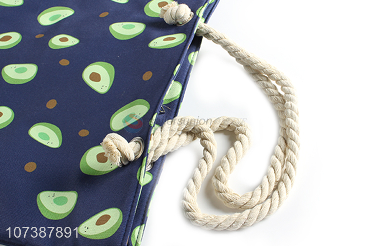 Popular Avocado Pattern Zipper Canvas Shopping Bag With Rope Handle