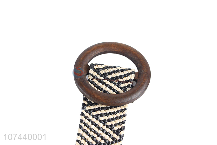 Latest style wooden buckle women pu belt weaving waist belt
