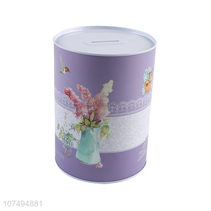 Wholesale exquisite flower printed round tin money box metal saving pot