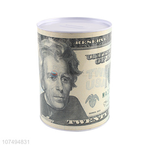 Latest arrival dollar printed round metal <em>money</em> <em>box</em> tin coin bank