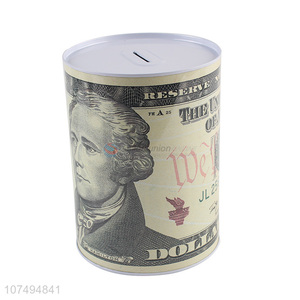Hot selling dollar printed round tin <em>money</em> <em>box</em> metal saving pot