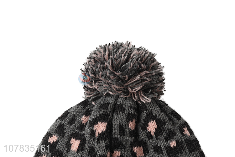 Hot product children lepoard jacquard knitted beanie winter earmuff hat