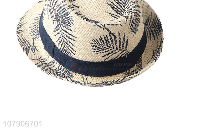 New arrival popular leaf printed straw sun hat fedora panama hats