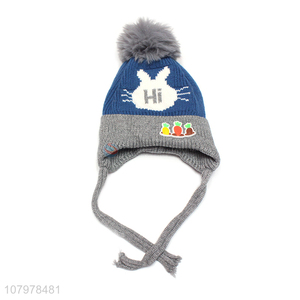 Hot selling children winter fleece lined jacquard <em>earmuff</em> hat with pom pom
