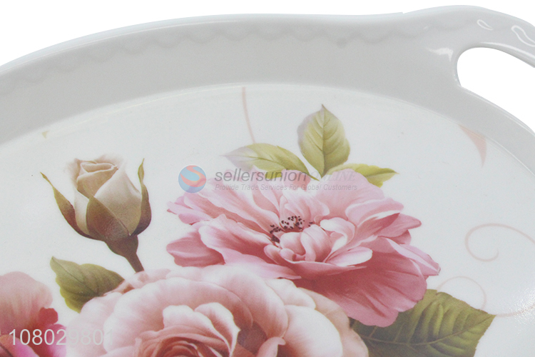 Hot sale elegant floral printing melamine serving tray platter with handles