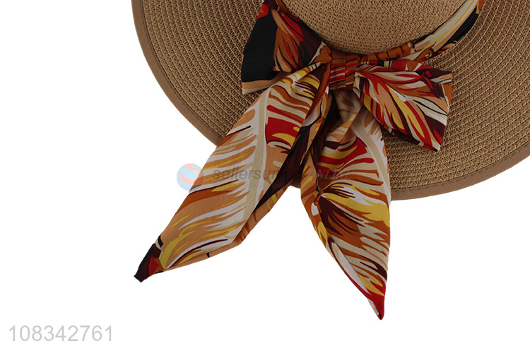 Wholesale Chiffon Bow Beach Floppy Female Sun Hat Straw Hat