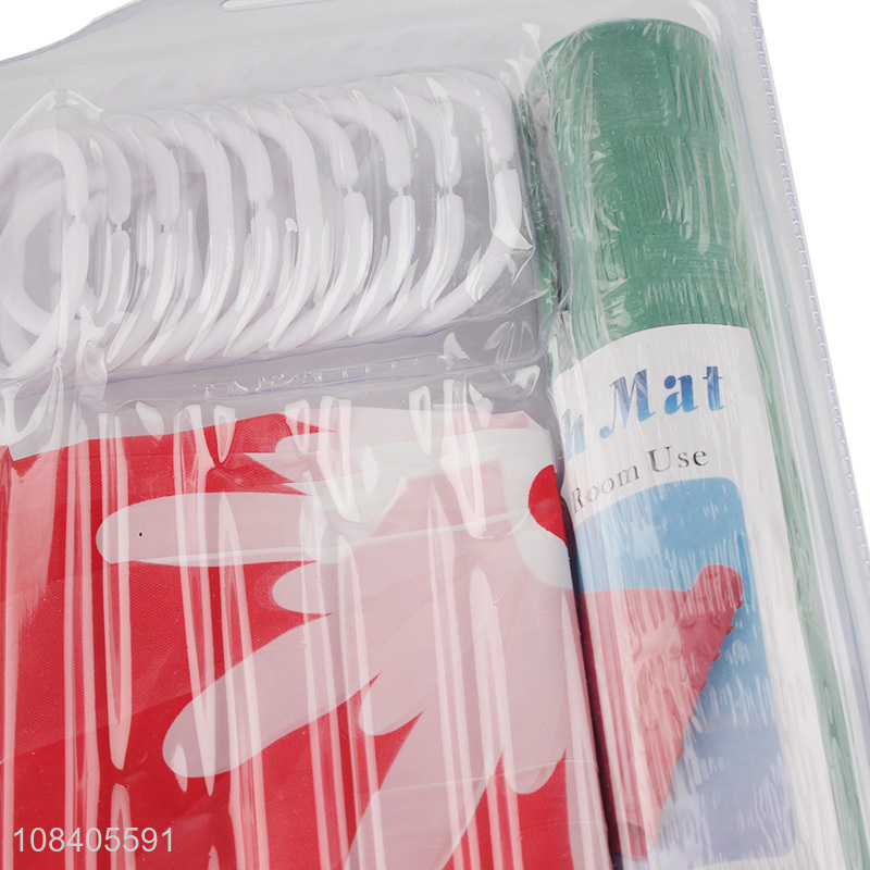 Yiwu market PE shower curtain set with anti-slip bath mat and hooks
