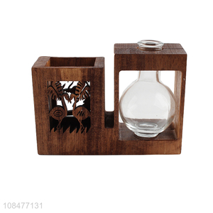 China wholesale wood carving pen holder desktop hydroponic vase