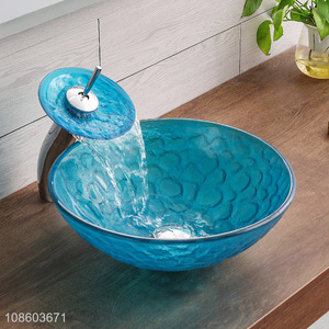Factory supply artistic round bowl sink glass <em>bathroom</em> sink <em>set</em>