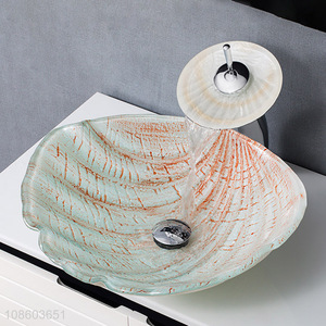 Hot selling shell shaped tempered glass wash sink and faucet <em>set</em>