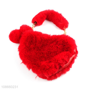 Good quality red heart shape plush handbag women bag for sale