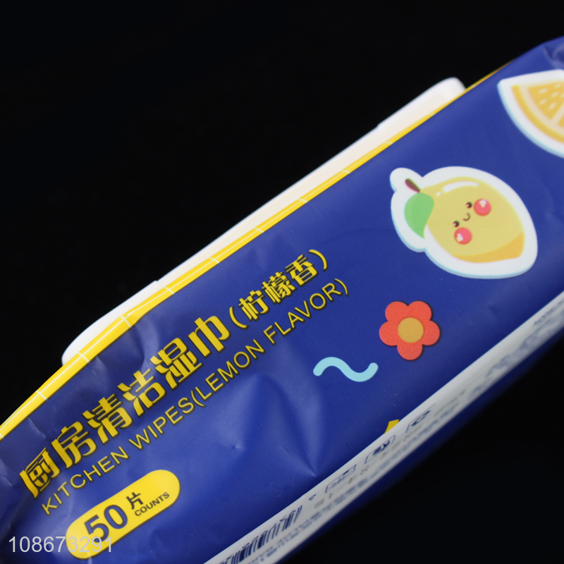 Hot selling 50 sheets lemon scented nonwovens disposable kitchen wet wipes