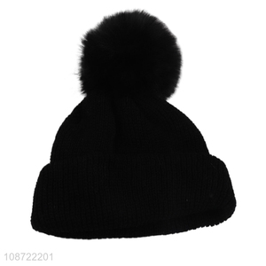 Good quality kids winter hat plain knitted beanie hat with pom pom