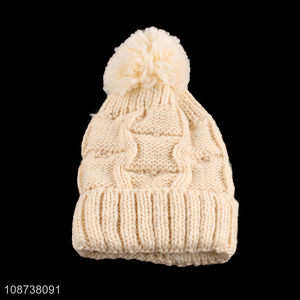 New product winter fleece lined chunky beanie cap with pompom