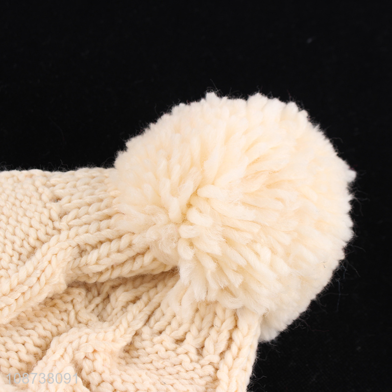 New product winter fleece lined chunky beanie cap with pompom