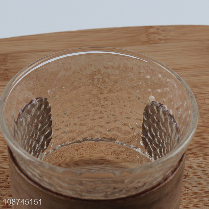 Hot selling embossed glass coffee mug tea cup with wooden cup sleeve