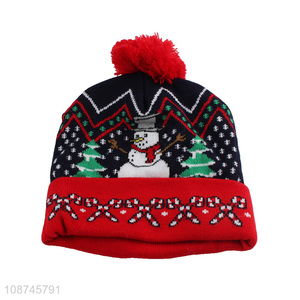 Wholesale women winter jacquard knitted beanie pompom beanie hat