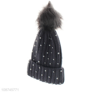 New product women slouchy winter cap pearl beanie hat with pompom