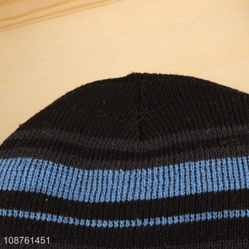 Wholesale striped winter hat fleece lined cuffed beanie for men