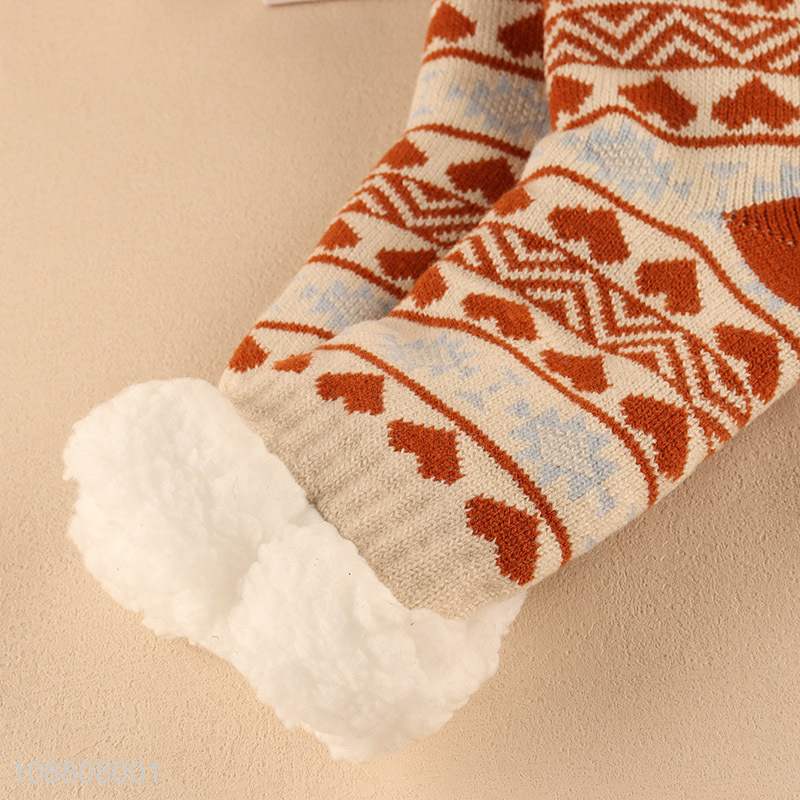 Wholesale women's jacquard fleece lining slipper socks