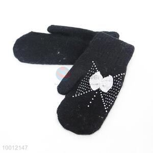 Elegant Bow Black Rabbit Hair Knitting Mittens Gloves for Women Girls