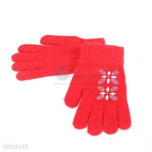 High Quality Red Rabbit Hair Five Fingers Knitting Gloves for Women Girls