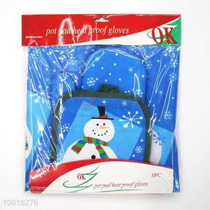 Wholesale A Set of Blue Snowman Polyester Insulation Mat/Pot Holder，Microwave Oven Glove and Apron
