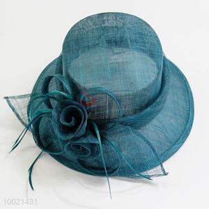 Blackish green women fashion flax hats with flower&feather decoration