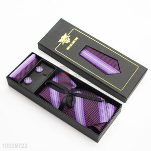 3 pieces decorative purple necktie,sleeve button,handkerchief set