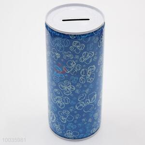 Blue Kids Iron Money Box Shaped in cylinder with Flowers Pattern