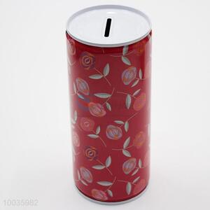 Red Kids Iron Money Box Shaped in cylinder with Flowers Pattern