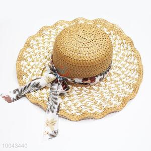 Wave Pattern big brim paper hat with ribbon