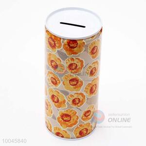 6.5*12CM Lovely zip-top can shape tinplate <em>money</em> <em>box</em>/saving pot printed orange flower